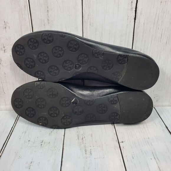 Tory Burch Reva Ballet Flats Size 7 M Black Leather Gold Metallic Logo Comfy GUC - Picture 12 of 13